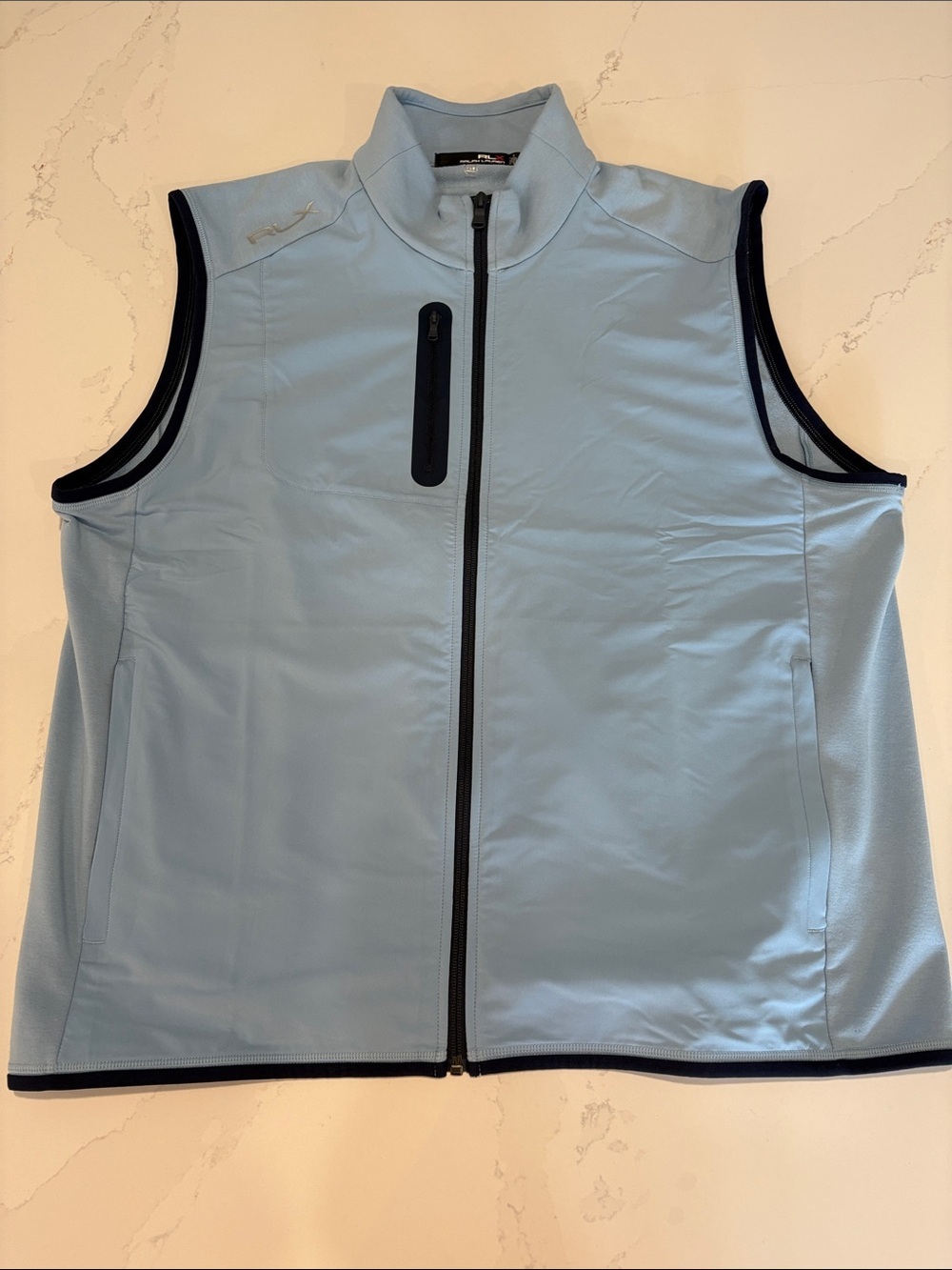 RLX Ralph Lauren Men’s Light Blue Softshell Vest with Black Trim XL